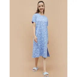 Ginger By Lifestyle Mid Blue Cotton Regular Fit Printed Night Dress-picture-41