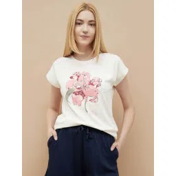 Ginger By Lifestyle Off White Cotton Regular Fit Printed T-Shirt-picture-37