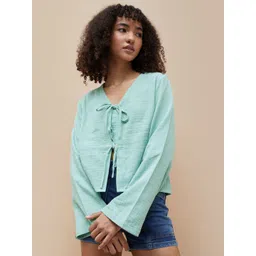 Ginger by Lifestyle Women Textured Tie-Up Neck Cotton Top-picture-26