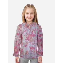 Gini and Jony Kids Girls Pink Floral Printed Tie-Up Neck Crepe Shirt Style Top-picture-28