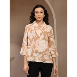 Gipsy Beige Tropical Floral Printed Rayon Regular Fit Tunic Top-picture-34
