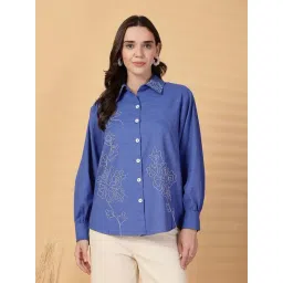 Gipsy Cobalt Blue Linen Regular Fit Embroidered Shirt-picture-12