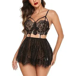 girlfriend Free Size Babydoll Womens Snap Crotch Lingerie V Neck Lace Maxi Nighty Skirt Sexy Top Bottom Sleepwear Swimwear Honeymoon Wedding Night Valentine Gift Dress for Girl/Women Black-picture-47