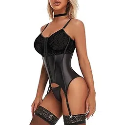 girlfriend Women Leather Lingerie Black Babydoll Garter Belt Bodysuit Teddy and Panty Round Neck Nightwear Chemise Nightie Bodysuit First Night Honeymoon Mini Nightdress-picture-13