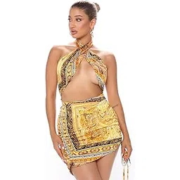 girlfriend Womens Lingerie Satin Printed Babydoll Lingerie Lace Teddy Mini Bodysuit Sexy Bikini Swimwear with Panty Golden, Free Size-picture-21