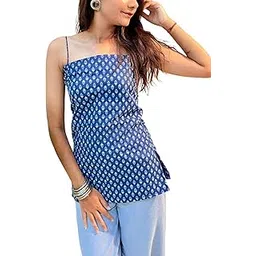 girllyfy Women's Cotton Kurta, Navy Blue with White Floral Print, Square Neck, Lace-Up Back Design, Regular Fit, Hip Length, Casual Use-picture-50