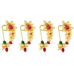 girlz! Traditional Maharashtrian Nath Nose Ring Pink And Green Colour Stone Along With Pearl Beads For Women(Non Pierced)(Combo Pack Of 4)-picture-40