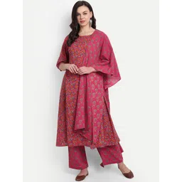 githaan Women Pink Floral Printed Layered Pure Cotton Kurta with Palazzos & With Dupatta-picture-13