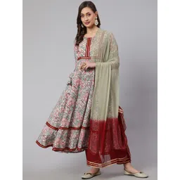 GLAM ROOTS Floral Printed Anarkali Pure Cotton Kurta With Trouser & With Dupatta-picture-12