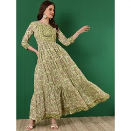GLAM ROOTS Floral Printed Mirror Work Tiering Cotton Anarkali Kurta-picture-31