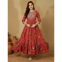 GLAM ROOTS Floral Printed Thread Work Cotton Tiered Anarkali Kurta-picture-35