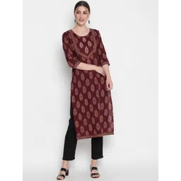 GLAM ROOTS Women Burgundy Round neck Floral print Floral Kurta-picture-30