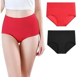 glamoras Women's Regular Cotton Spandex Underwear Tummy Control High Waist Ladies Panties Full Coverage Seamless Briefs | Free Size Soft Breathable Ladies Panties - Pack of 2 Black Red-picture-45