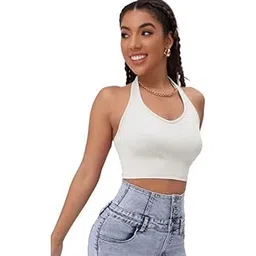 glare & blair Solid Halter Neck Sleeveless Stylish Western Ribbed Crop Tank Top for Women-picture-22