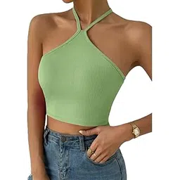 glare & blair Solid Halter Neck Tie Back Sleeveless Stylish Western Ribbed Crop Tank Top for Women-picture-50