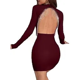 glare & blair Solid Women Round Neck Backless Long Sleeve Western Ribbed Mini Bodycon Dress with Rhinestone Fringe-picture-28