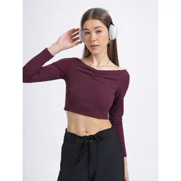 glitchez Adorable Allure Ribbed Ruched Off-Shoulder Bardot Crop Top-picture-35