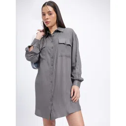 glitchez Casual Chic Oversized Flap Pocketed Shirt Dress-image-3