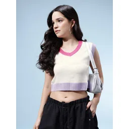 glitchez Contrast Trim V-Neck Crop Sweater Vest-picture-14