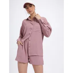 glitchez Crinkled Tales Drop-Shoulder Sleeves Shirt with Mini Shorts-picture-31