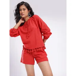 glitchez Cute Vibe Schiffli Floral Tassels Detail Top With Shorts Co-Ords-picture-13