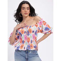 glitchez Dreamy Florals Print Ruched Effect Off-Shoulder Pure Cotton Bardot Top-picture-14