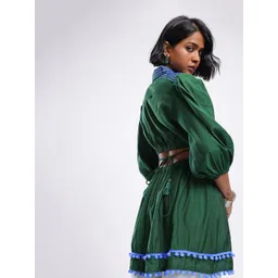 glitchez Embroidered Puff Sleeves A-Line Mini Dress With Pom Pom Hem-picture-13