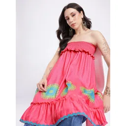 glitchez Floral Printed Off-Shoulder A-Line Smocked Dress-picture-21