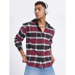 glitchez Functional Fashion Checked Flannel Hooded Shirt-picture-33
