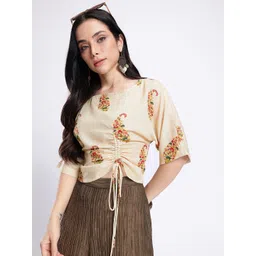 glitchez Indie-Floral Print Ruched Extended Sleeves Crop Top-picture-33