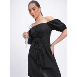 glitchez Jolly Cookie Pure Cotton Off-Shoulder Lace-Up Detail Mini A-Line Dress-picture-36