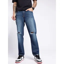 glitchez Men Grunge Style Relaxed Fit Slash Knee Light Fade Jeans-image-1