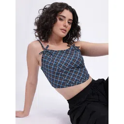 glitchez Noble Tartans Checked Smocked Detail Shoulder Straps Crop Fitted Top with Bows-picture-17