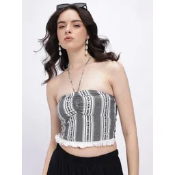 glitchez Printed Halter Neck Cotton Fringed Crop Top-picture-27