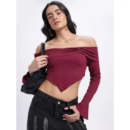 glitchez Ruched Romance Ribbed Off-Shoulder Bell Sleeves Asymmetric Crop Bardot Top-picture-27