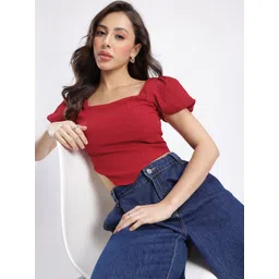 glitchez Self Design Square Neck Puff Sleeves Smocked Crop Top-picture-20