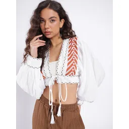 glitchez Self Designed Tie-Up Neck Braided Detail Cuffed Sleeves Crop Top-picture-38