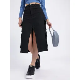 glitchez Street Sleek Front-Slit Cargo Denim Midi Skirt-picture-11