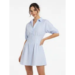 glitchez Striped Shirt Collar Puff Sleeve Shirt Dress-picture-32