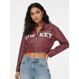 glitchez Typography Printed Faux Leather Trim Crop Jacket-picture-12