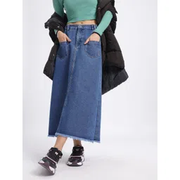 glitchez Vintage Wash Mid-Rise Denim Maxi A-Line Skirt with Frayed Hem-picture-17