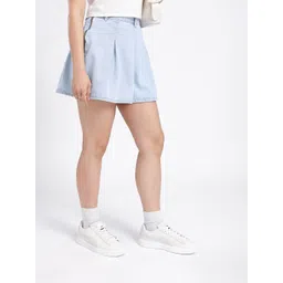 glitchez Washed Effect Mid-Rise Pleated Detail Relaxed Fit Mini Denim A-Line Skirt-picture-15