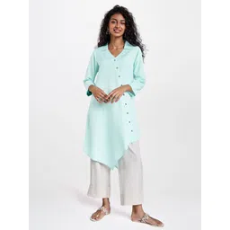 Global Desi Eco Vero Women Blue Solid Asymmetric Fusion Kurta-picture-21