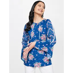 Global Desi Women Blue & Pink Floral Printed Top image 1
