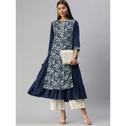 Global Desi Women Blue & White Floral Printed Keyhole Neck A-Line Kurta-picture-12