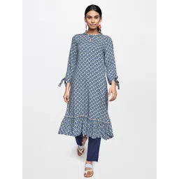 Global Desi Women Blue & Yellow Printed Keyhole Neck Kurta-picture-16