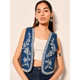 Global Desi Women Floral Cotton Crop Open Front Jacket Embroidered-picture-29