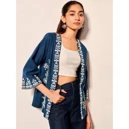 Global Desi Women Floral Cotton Longline Open Front Jacket with Embroidered-picture-23