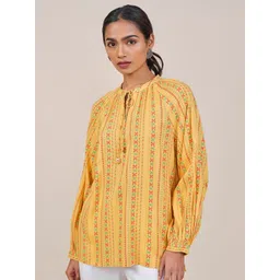 Global Desi Women Mustard Viscose Rayon Print Tie-Up Neck long Sleeves Top-picture-33