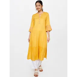 Global Desi Women Mustard Yellow Embroidered Keyhole Neck Bell Sleeves Thread Work Kurta-picture-31